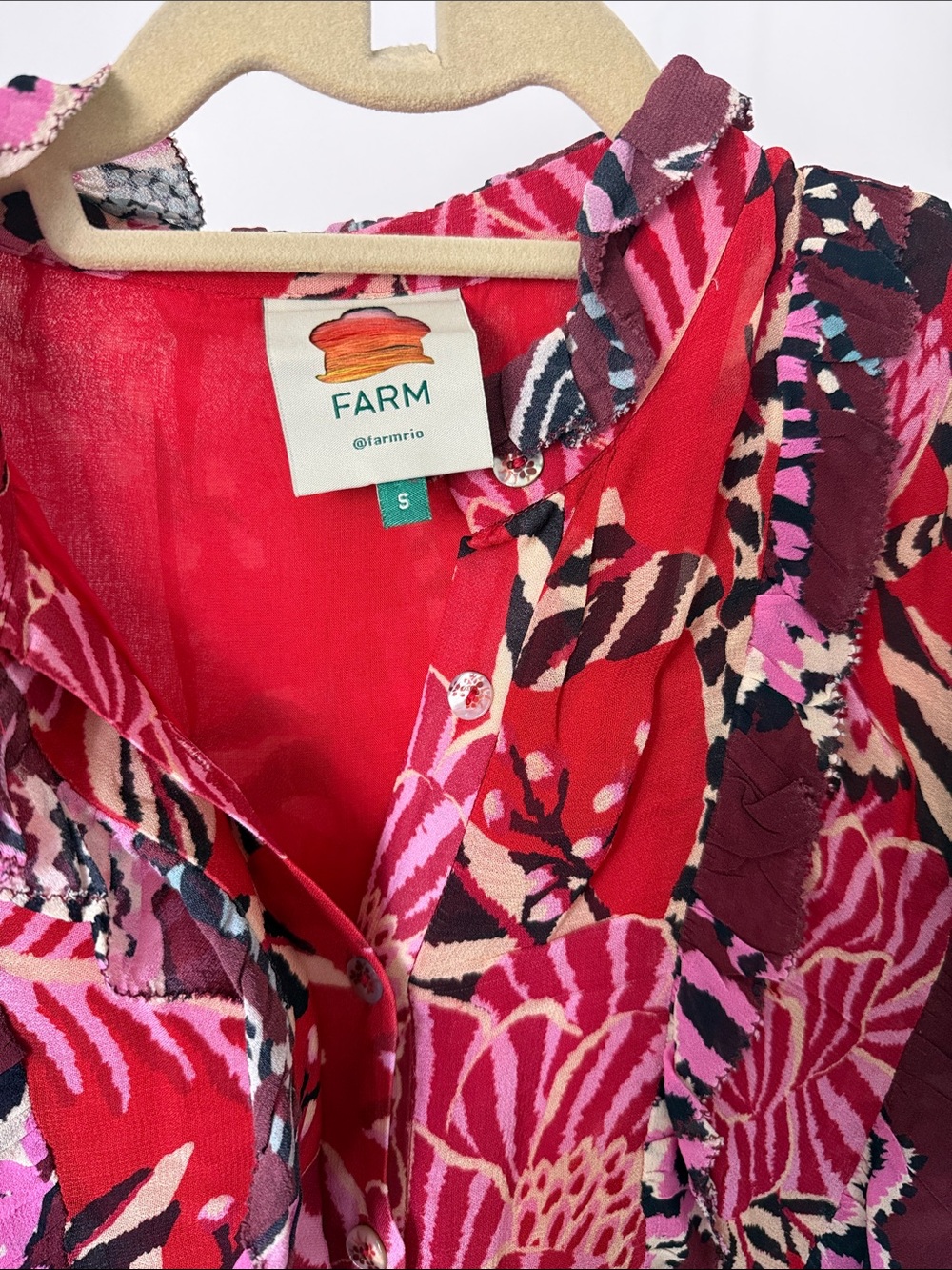 FARM Rio Red & Pink Floral Ruffle Peasant Tunic - Picture 2 of 5